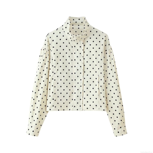Women's Vintage Polka Dot Jacket French Style Stand Collar Puff Sleeve Cropped Outerwear Zipper Up Casual Workwear Coat For Ladies