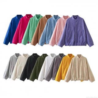 Women's Casual Loose Fleece Bomber Jacket Wool-like Stand Collar Zip Up Short Coat With Pockets Warm Outerwear For Daily Wear Autumn Winter