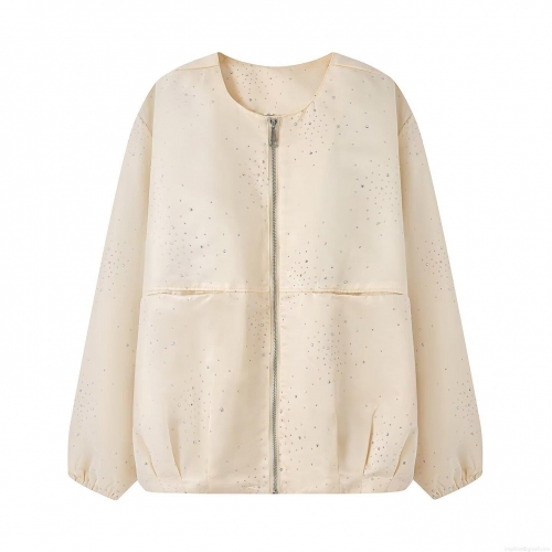 Women Street Fashion Rhinestone Bomber Jacket Solid Color Round Neck Long Sleeve Zip Up Casual Coat With Elastic Hem Soft Polyester Outwear For Ladies