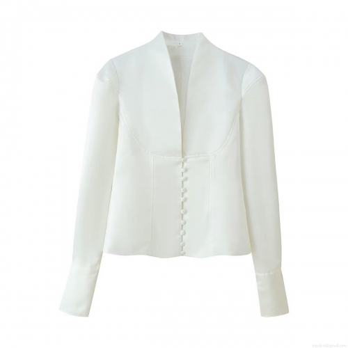 Women Elegant White Satin Blazer Jacket Deep V-Neck Single Breasted Covered Buttons Lantern Sleeve Solid Color Short Outerwear Fashion Tops For Ladies