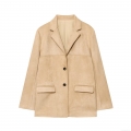 Women's Fashion Suede Texture Blazer Notched Lapel Single Breasted Long Sleeve Mid-Length Khaki Outerwear Casual Office Suit Jacket