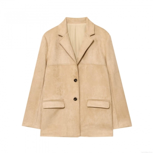 Women's Fashion Suede Texture Blazer Notched Lapel Single Breasted Long Sleeve Mid-Length Khaki Outerwear Casual Office Suit Jacket