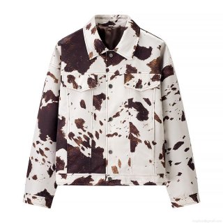 Women's Cow Print Jacket Polyester Brown White Lapel Button Up Loose Casual Streetwear Coat For Women Spring Autumn Outwear