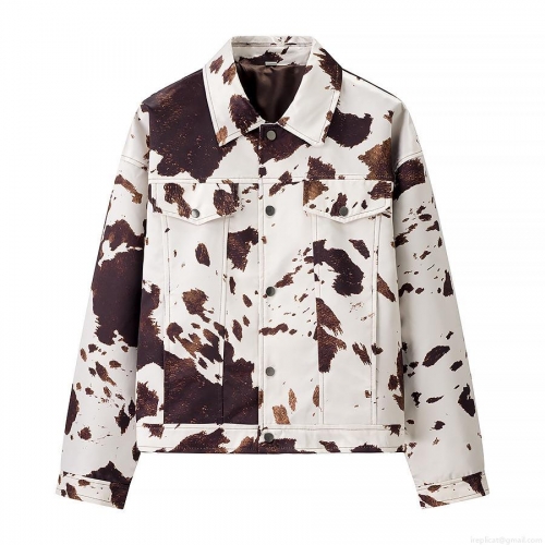 Women's Cow Print Jacket Polyester Brown White Lapel Button Up Loose Casual Streetwear Coat For Women Spring Autumn Outwear