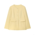 Women's Round Neck Single Breasted Jacket Elegant Pale Yellow Long Sleeve Slim Fit Blazer For Daily Commuting Casual Outwear Stylish Office Lady Solid Color Short Coat