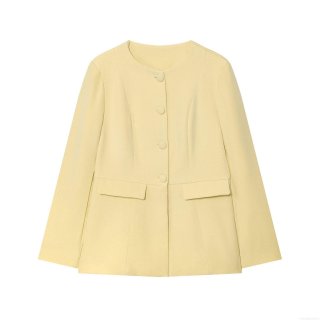 Women's Round Neck Single Breasted Jacket Elegant Pale Yellow Long Sleeve Slim Fit Blazer For Daily Commuting Casual Outwear Stylish Office Lady Solid Color Short Coat