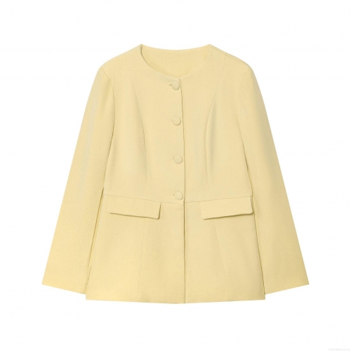 Women's Round Neck Single Breasted Jacket Elegant Pale Yellow Long Sleeve Slim Fit Blazer For Daily Commuting Casual Outwear Stylish Office Lady Solid Color Short Coat