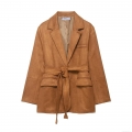 Women's Faux Suede Blazer Mid-Length Solid Color Suit Jacket With Belt And Patch Pockets Elegant Lapel Outerwear For Office Casual Ladies Commuter Wear