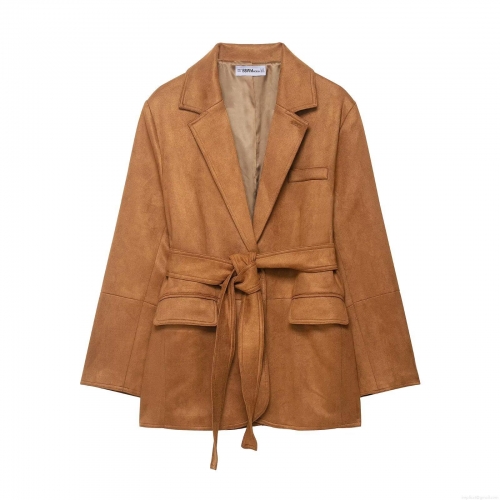 Women's Faux Suede Blazer Mid-Length Solid Color Suit Jacket With Belt And Patch Pockets Elegant Lapel Outerwear For Office Casual Ladies Commuter Wear