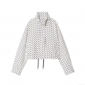Women's Fashion Casual Polka Dot Stand Collar Seersucker Jacket Short Length Zip Up Coat With Drawstring Hem Long Sleeve Spring Outerwear