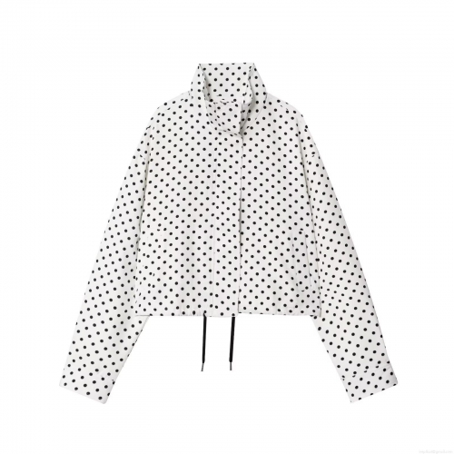 Women's Fashion Casual Polka Dot Stand Collar Seersucker Jacket Short Length Zip Up Coat With Drawstring Hem Long Sleeve Spring Outerwear