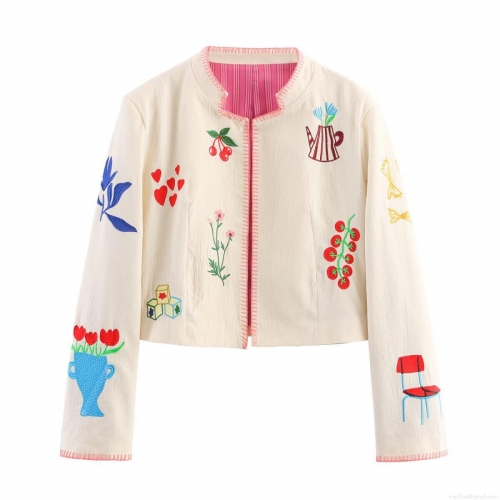 Women's Vintage Style Multi-Color Embroidery Short Jacket Stand Collar Long Sleeve Coat Sweet Beige Polyester Outerwear For Women Spring Autumn