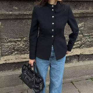 Women's Military Style Stand-up Collar Jacket Elegant Gold Button Navy Blue 100% Polyester Slim Fit Short Blazer Coat For Party Office Work Women Clothing