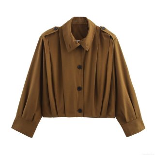 Women's Fashion Camel Cropped Jacket Pleated Design With Shoulder Straps Lapel Collar Long Sleeve Casual Polyester Outerwear Coat For Women Daily Wear