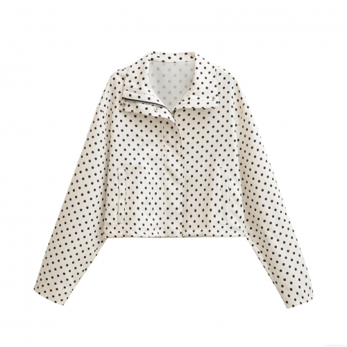 Women's Polka Dot Zip Up Jacket Fashion Stand Collar Cropped Outerwear Polyester Long Sleeve Casual Streetwear Seersucker Coat For Spring Autumn