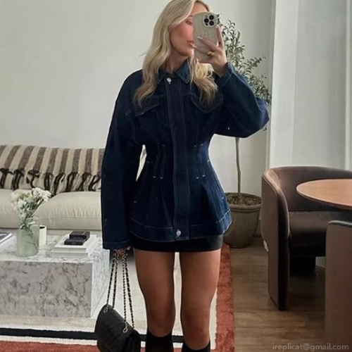 Women's Slim Waist Denim Style Polyester Jacket Contrast Topstitch Turndown Collar Zipper Coat Casual Long Sleeve Outerwear For Women Streetwear