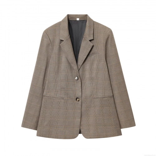 Women's Classic Brown Glen Plaid Blazer Notched Lapel Single Breasted Suit Jacket Casual Long Sleeve Outerwear Office Lady Fashion Workwear Coat
