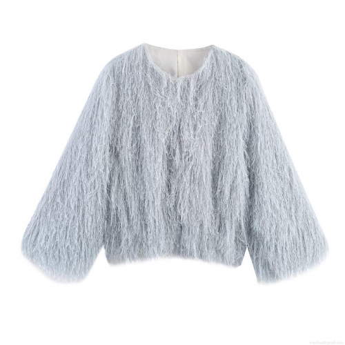Women's Light Blue Faux Fur Fringe Tassel Jacket Elegant Short Shaggy Coat Sweet Fluffy Long Sleeve Outerwear For Party Streetwear