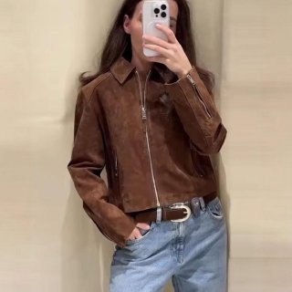 Women's Fashion Short Faux Suede Jacket Lapel Collar Zipper Front Long Sleeve Outerwear Vintage Loose Streetwear Casual Coat for Women Fall Spring