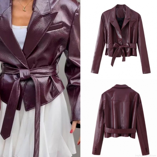 Women's Vintage Burgundy Faux Leather Jacket Lapel Long Sleeve PU Coat With Waist Belt Streetwear Chic Autumn Winter Outerwear For Ladies