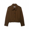 Women's Elegant Cropped Coffee Brown Jacket 100% Polyester Woven Long Sleeve Lapel Zipper Short Outerwear With Pleated Back Shoulder Tabs Chic Coats