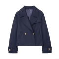 Women's Double Breasted Short Trench Jacket Navy Blue Polyester Coat with Gold Metal Buttons Elegant Office Lady Outerwear