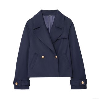 Women's Double Breasted Short Trench Jacket Navy Blue Polyester Coat with Gold Metal Buttons Elegant Office Lady Outerwear