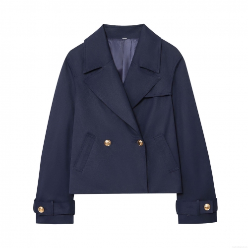 Women's Double Breasted Short Trench Jacket Navy Blue Polyester Coat with Gold Metal Buttons Elegant Office Lady Outerwear