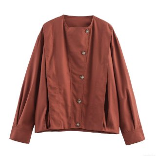 Women's Casual Linen Blend Bomber Jacket Fashion Round Neck Asymmetric Button Front Outerwear With Pleated Detail For Spring Autumn Daily Wear Women Solid Color Short Coat