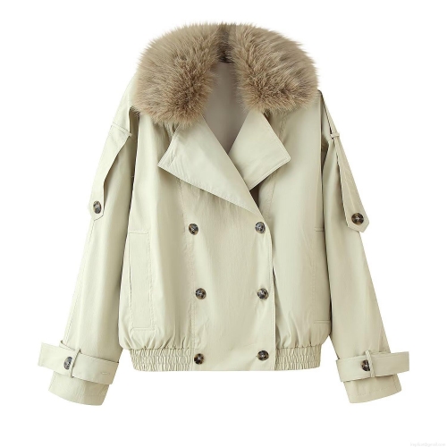 Women's Fashion Short Double-Breasted Trench Coat Jacket With Faux Fur Collar Waterproof Windproof Khaki Outerwear For Daily Commuting Elegant Lady Style