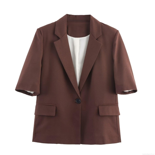 Women's Short Sleeve Blazer Elegant Linen Blend Polyester Single Breasted V Neck Lapel Jacket For Office Business Casual Workwear Fashion Solid Color Outwear