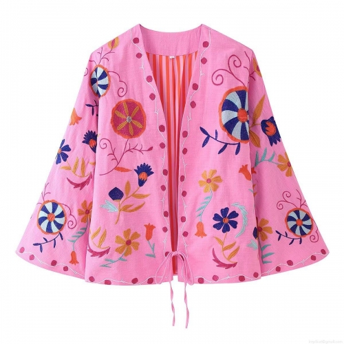 Women's Bohemian Floral Embroidered Jacket Cotton Linen Blend Pink Cardigan With Striped Lining Long Bell Sleeve Tie Closure Ethnic Style Outerwear For Vacation Daily Party Casual Spring Autumn Lightweight Coat