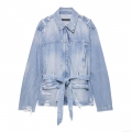 Women's Retro Oversized Cotton Denim Jacket Coat With Waist Belt Distressed Holes Epaulettes Metal Buttons Long Sleeve Casual Daily Streetwear Outerwear