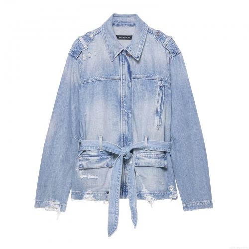 Women's Retro Oversized Cotton Denim Jacket Coat With Waist Belt Distressed Holes Epaulettes Metal Buttons Long Sleeve Casual Daily Streetwear Outerwear