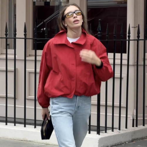 Women's Fashion Solid Color Stand Collar Short Jacket Loose Casual Long Sleeve Polyester Outerwear Coat For Spring Autumn Streetwear