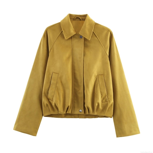 Women's Faux Suede Bomber Jacket Solid Color Loose Long Sleeve Zip Up Outwear With Pockets Casual Streetwear Coat For Autumn Spring