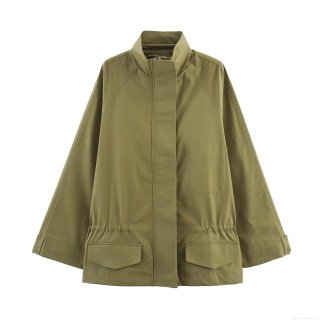 Women's Casual Olive Green Utility Parka Jacket Windproof Polyester Stand Collar Drawstring Waist Large Pockets Outerwear Coat For Spring Autumn