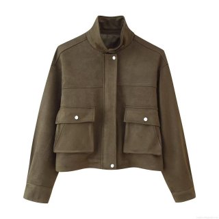 Women's Faux Suede Bomber Jacket Solid Color Lapel Zipper Outerwear With Pockets Loose Streetwear Fashion Casual Coat For Autumn Spring Lady