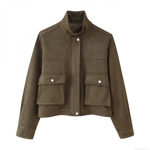 Women's Faux Suede Bomber Jacket Solid Color Lapel Zipper Outerwear With Pockets Loose Streetwear Fashion Casual Coat For Autumn Spring Lady