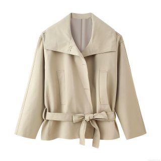 Women's Short Trench Coat With Belt Polyester Twill Lapel Single Breasted Jacket For Daily Commute Elegant Minimalist Outerwear For Women