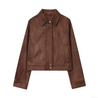 Women's Faux Suede Short Jacket Lapel Metal Buttons Long Sleeve Solid Color Casual Elegant Coat Outerwear Deep Brown