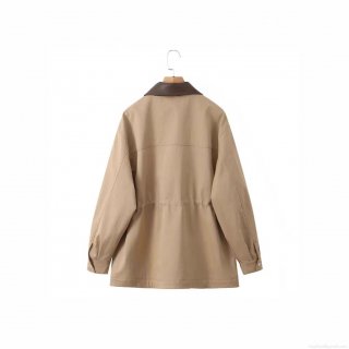 Women's Utility Trench Coat Jacket Khaki Mid Length Loose Drawstring Waist Suede Polyester With Leather Collar Functional Outwear