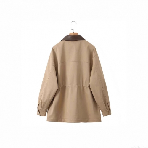 Women's Utility Trench Coat Jacket Khaki Mid Length Loose Drawstring Waist Suede Polyester With Leather Collar Functional Outwear