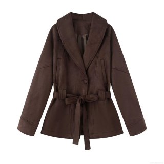 Women's Elegant Faux Suede Short Trench Coat Jacket With Waist Tie Belt Lapel Collar Long Sleeve Casual Outwear For Autumn Spring