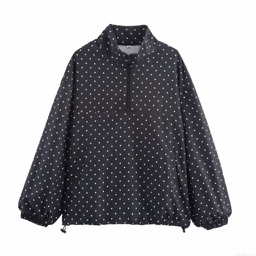 Women's Casual Polka Dot Jacket Lightweight Polyester Quarter Zip Windbreaker Pullover Coat With Drawstring Hem For Women Spring Autumn