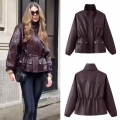 Women's Faux PU Leather Jacket Distressed Stand Collar Short Oversized Coat With Pockets And Drawstring Waist For Streetwear Autumn Winter Women