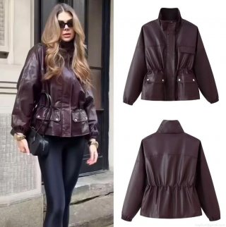 Women's Faux PU Leather Jacket Distressed Stand Collar Short Oversized Coat With Pockets And Drawstring Waist For Streetwear Autumn Winter Women