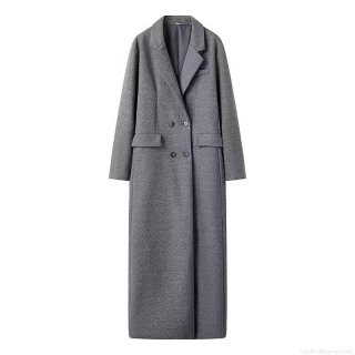 Women's Classic Double Breasted Long Woolen Coat Elegant Notch Lapel Loose Fit Solid Grey Polyester Overcoat Casual Streetwear For Autumn Winter