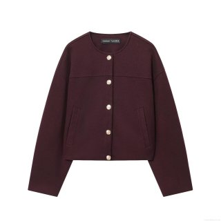 Elegant Women Burgundy Red Short Jacket Coat With Embossed Gold Buttons Crew Neck Long Sleeve Woolen Style Polyester Outerwear For Lady Casual Fashion