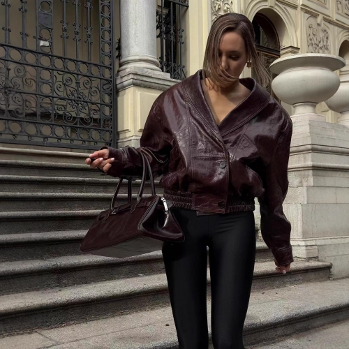 Women's Vintage Faux Leather Jacket Oversized PU Moto Biker Coat Burgundy Reddish Brown Lapel Zipper Outerwear for Streetwear Casual Autumn Winter